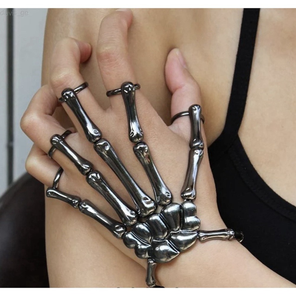 Gothic Skeleton Metallic Silver Hand Chain Bracelet With Adjustable Finger Rings